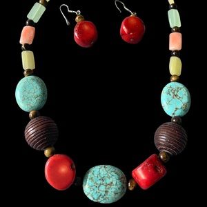Very Rare native American turquoise bright cherry red coral tigers eye necklace